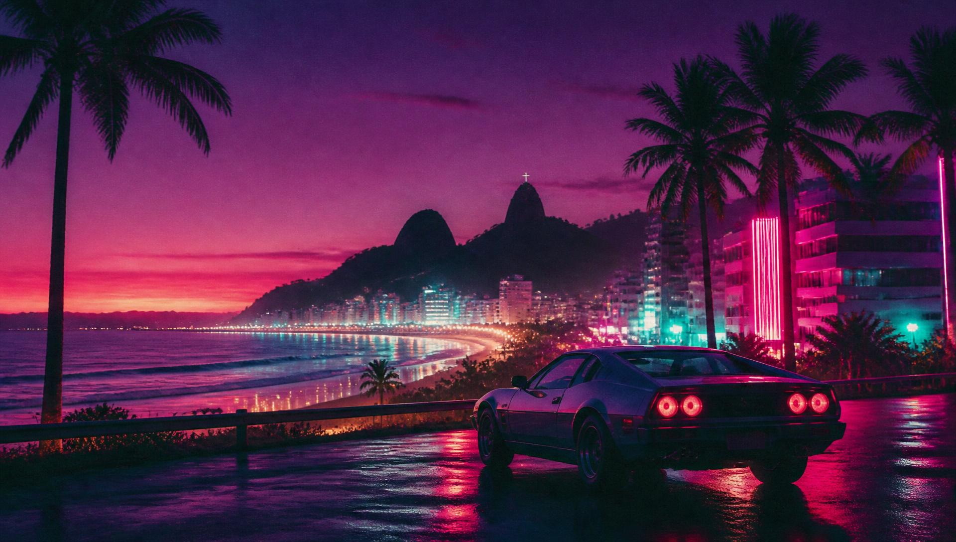 Orla de uma cidade tropical à noite com luzes de neon rosa e ciano